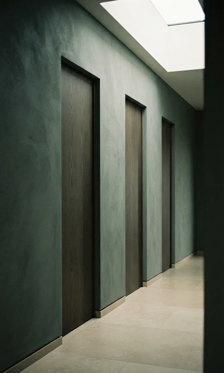Trois portes identiques alignées dans un couloir d'enduit vert profond